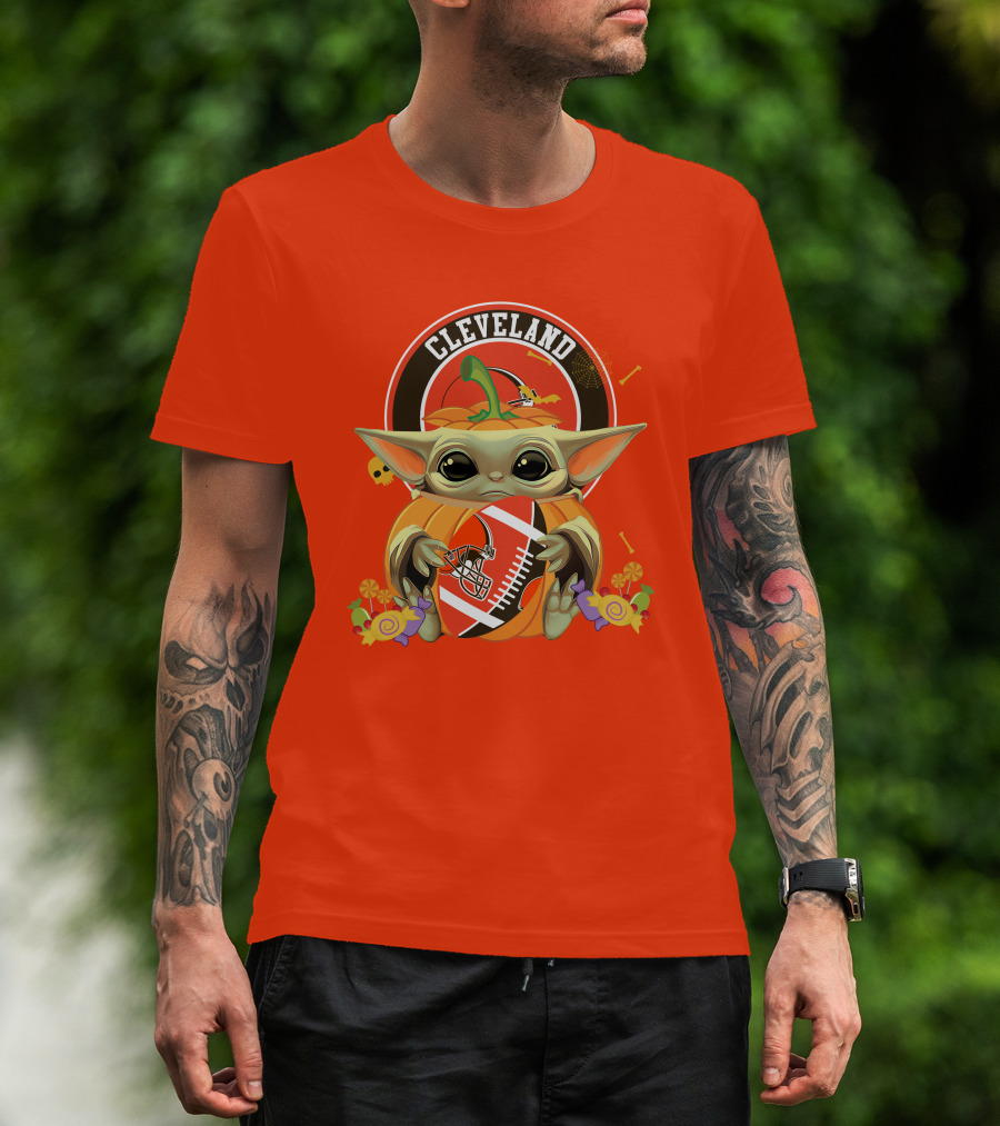 Cleveland Halloween Pumpkin Baby Yoda Holding Football T-Shirt