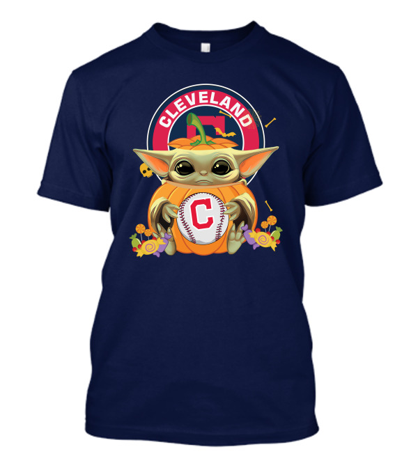 Halloween Pumpkin Baby Yoda Hug Cleveland Baseball Team T-Shirt