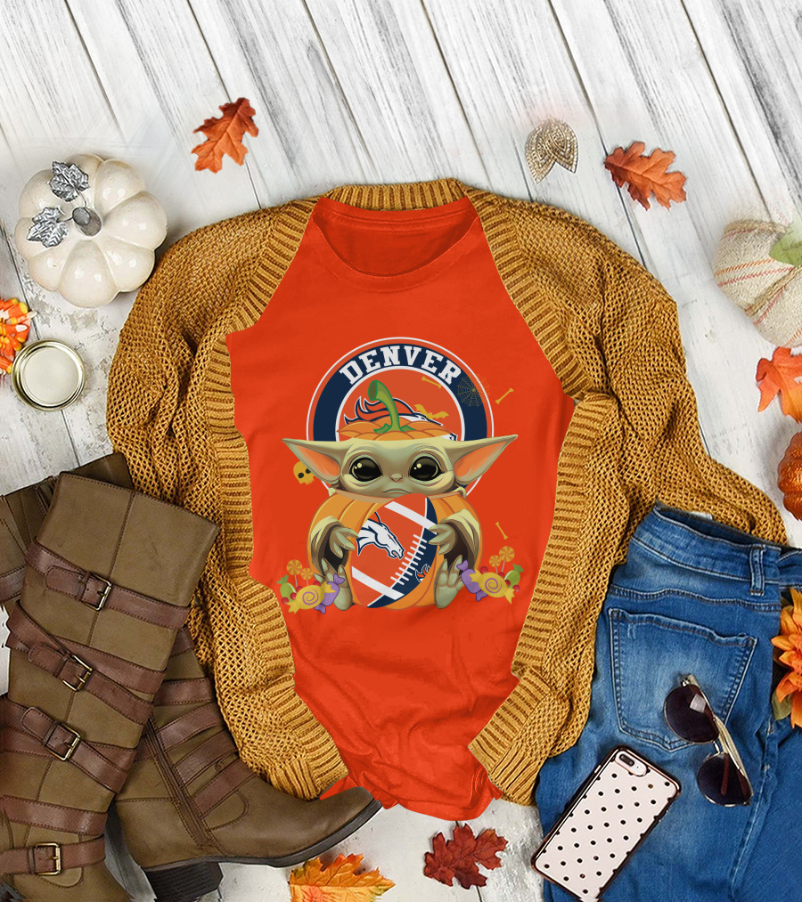 Halloween Pumpkin Baby Yoda Holding Denver Broncos Football Logo with Candy and Skulls T-Shirt
