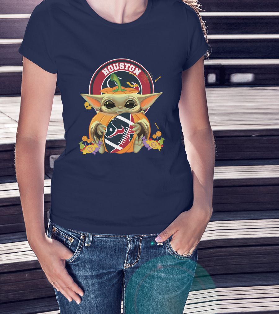 Halloween Pumpkin Baby Yoda Holding Houston Texans Logo Sphere T-Shirt