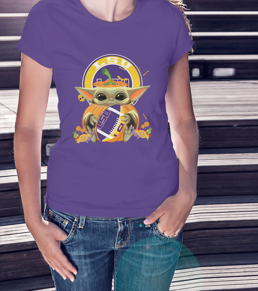 LSU Tigers Halloween Pumpkin Baby Yoda Hug Football T-Shirt