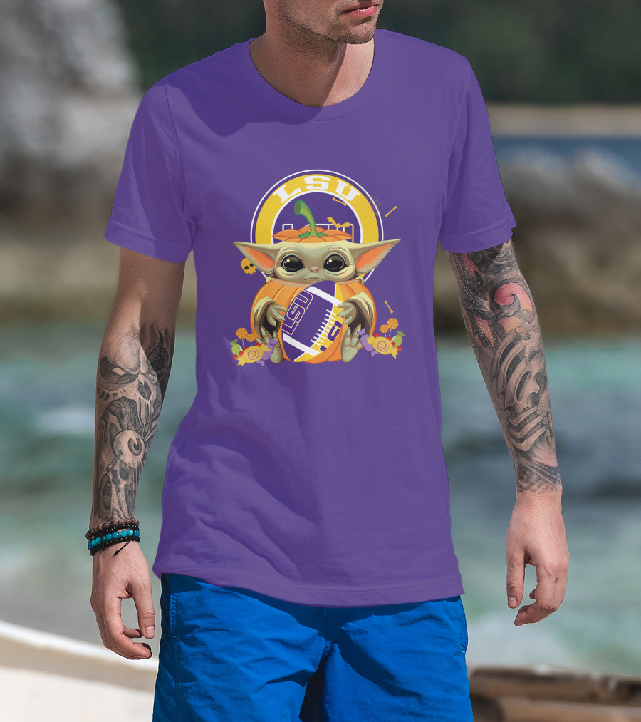 LSU Tigers Halloween Pumpkin Baby Yoda Hug Football T-Shirt