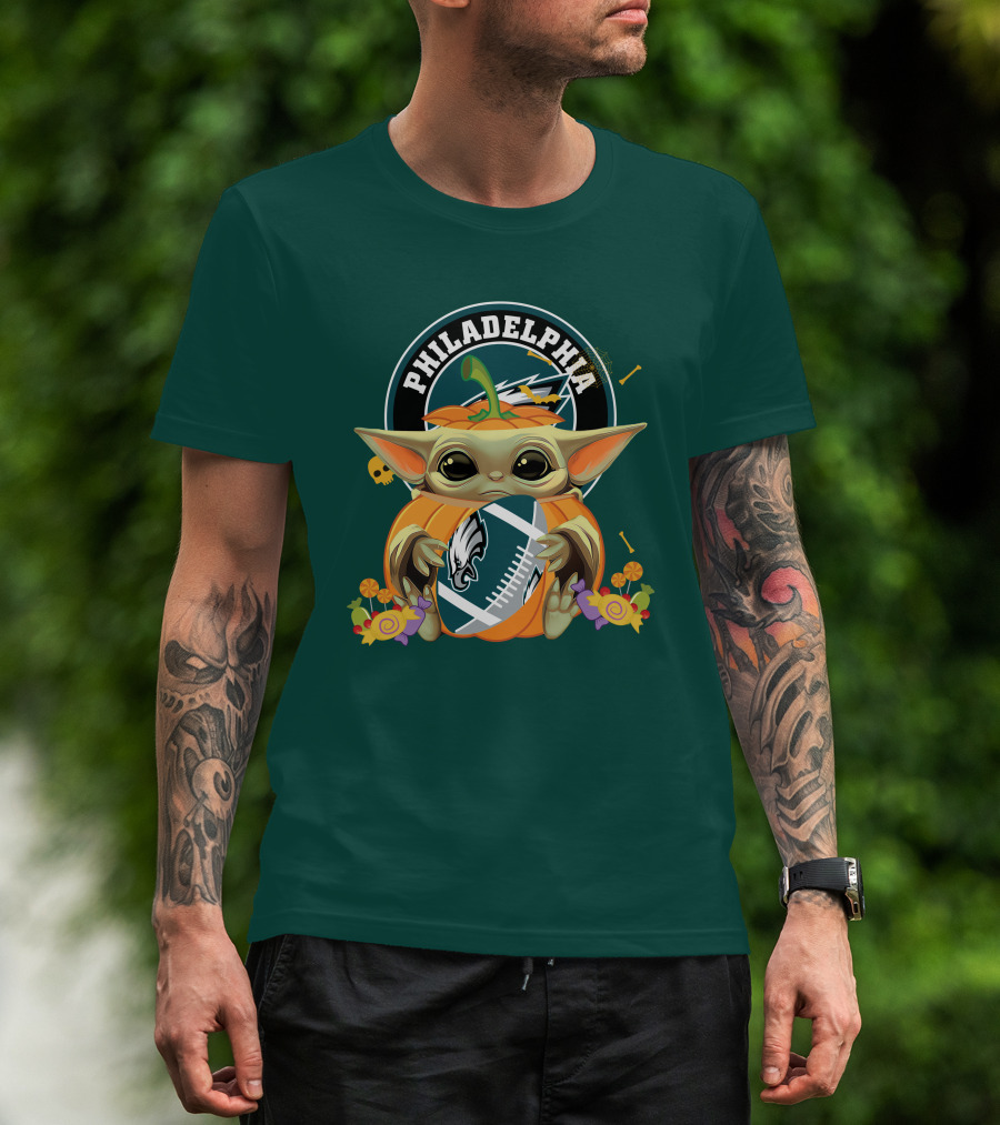 Halloween Pumpkin Baby Yoda Holding Philadelphia Eagles Football T-Shirt