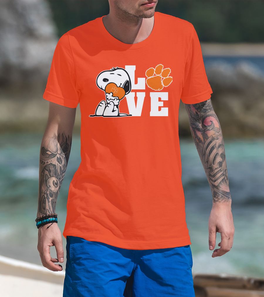Snoopy Heart Love Clemson Tigers Paw Print T-Shirt