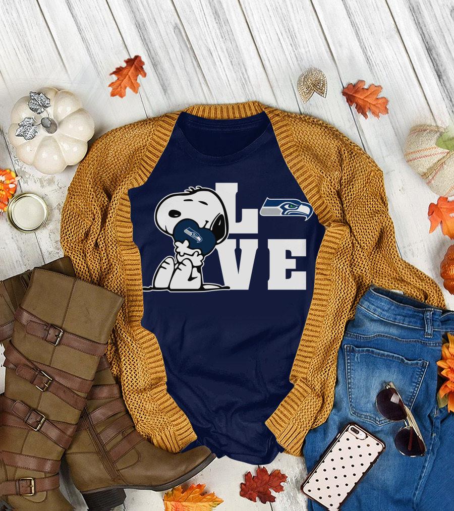 Snoopy Love Seattle Seahawks Heart Hugging Football Fan Peanuts Collaboration T-Shirt