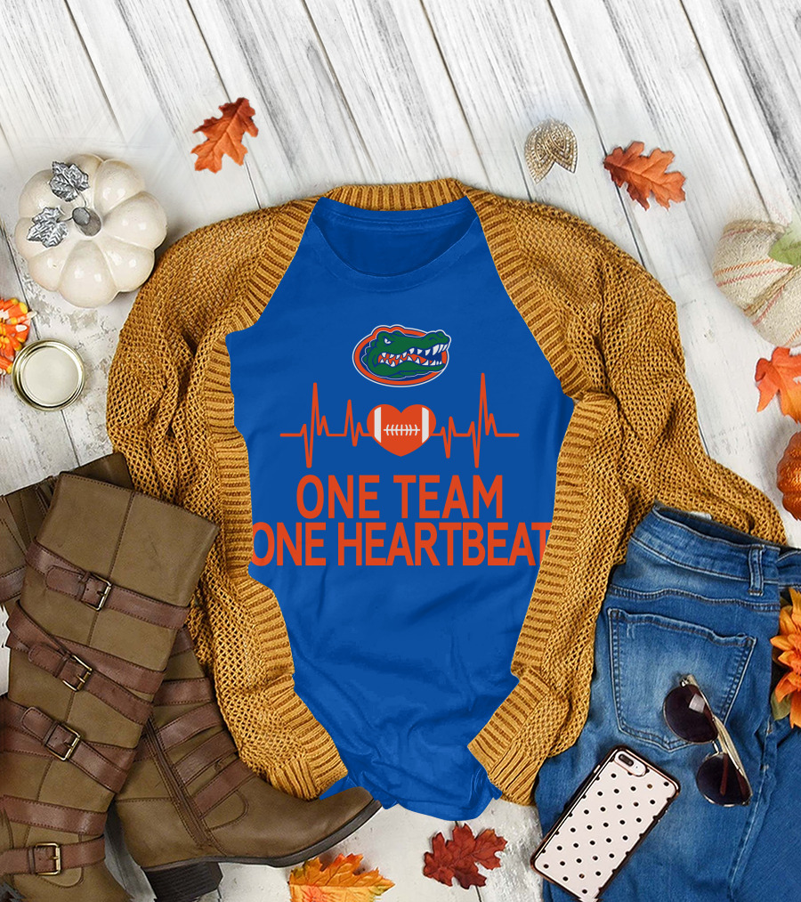 Florida Gators One Team One Heartbeat Football Logo and Heartbeat Line T-Shirt