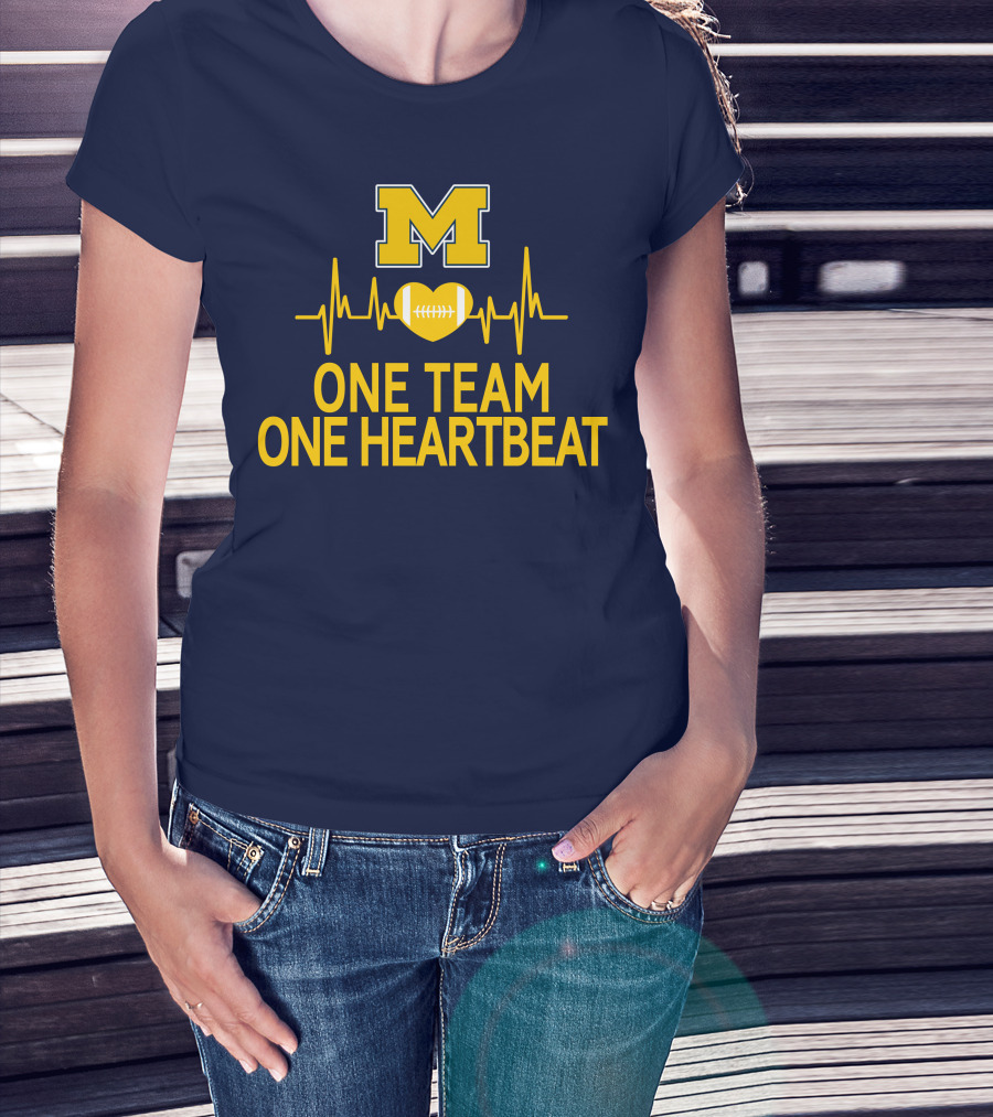 M Michigan Wolverines Football One Team One Heartbeat T-Shirt
