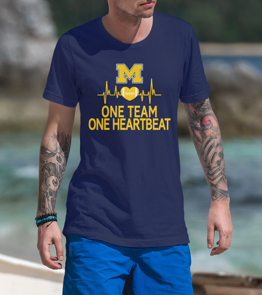M Michigan Wolverines Football One Team One Heartbeat T-Shirt
