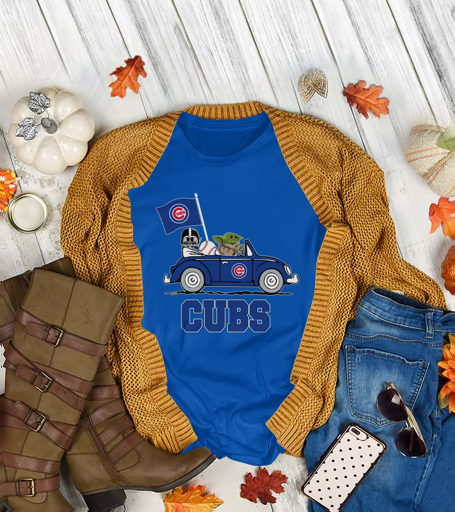 Chicago Cubs Darth Vader Baby Yoda Driving Star Wars Crossover T-Shirt