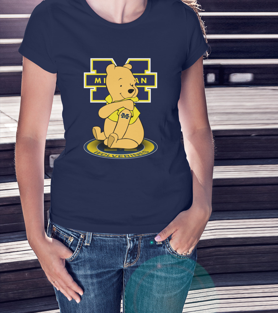 Michigan Wolverines Pooh Bear Sitting On Logo Badge T-Shirt
