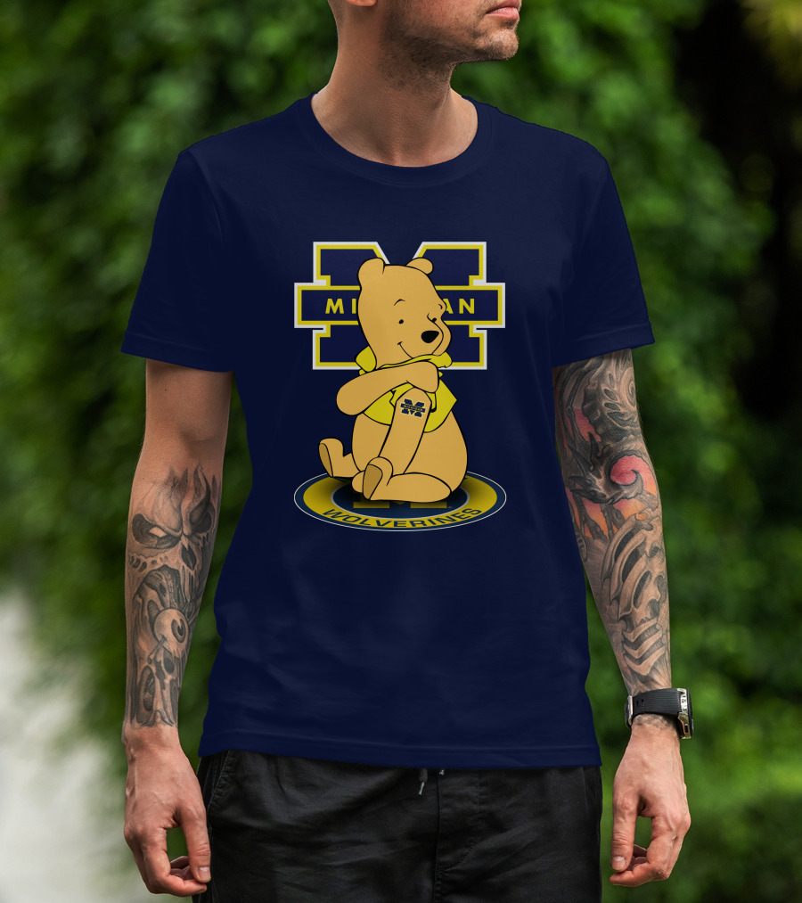 Michigan Wolverines Pooh Bear Sitting On Logo Badge T-Shirt
