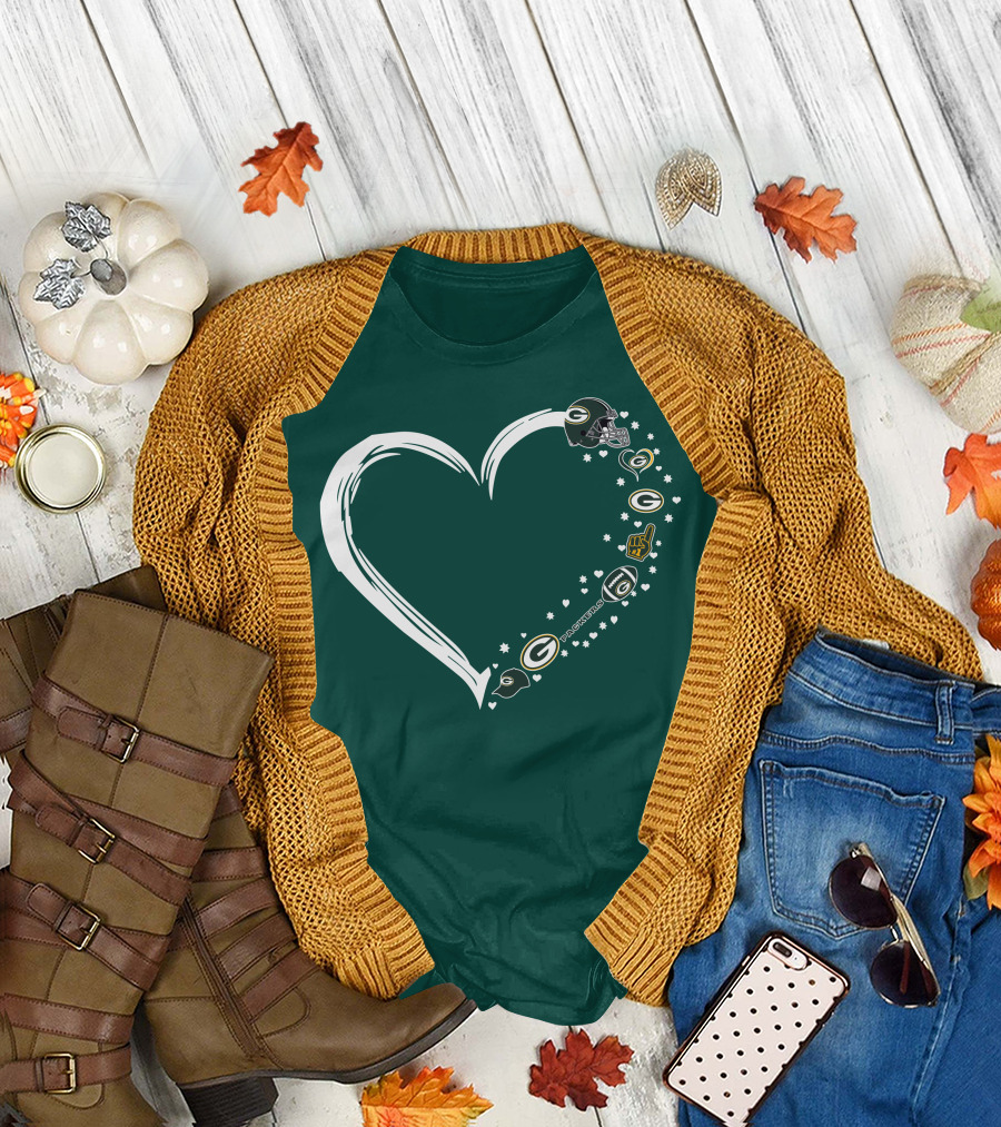 Green Bay Packers Heart with Logos and Helmet T-Shirt