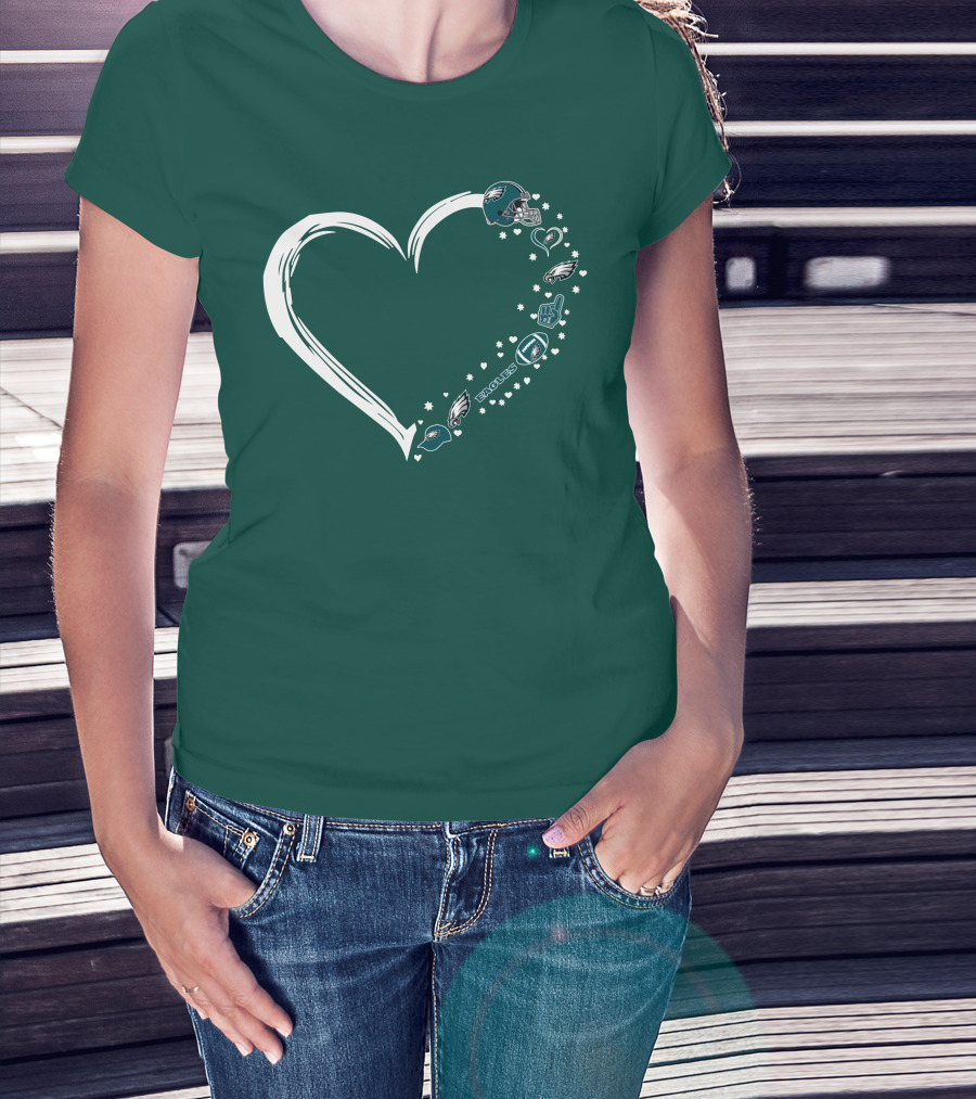 Philadelphia Eagles Heart Design With Logo And Helmet Elements T-Shirt