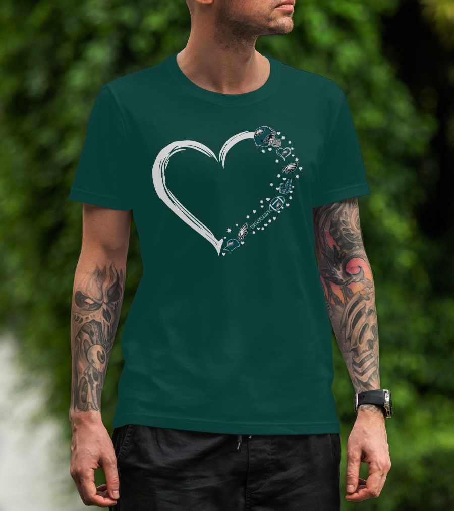 Philadelphia Eagles Heart Design With Logo And Helmet Elements T-Shirt