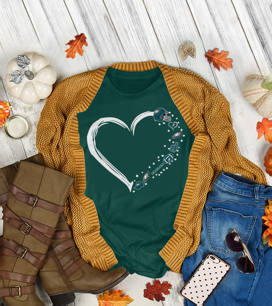 Philadelphia Eagles Heart Design with Logo and Helmet Elements T-Shirt