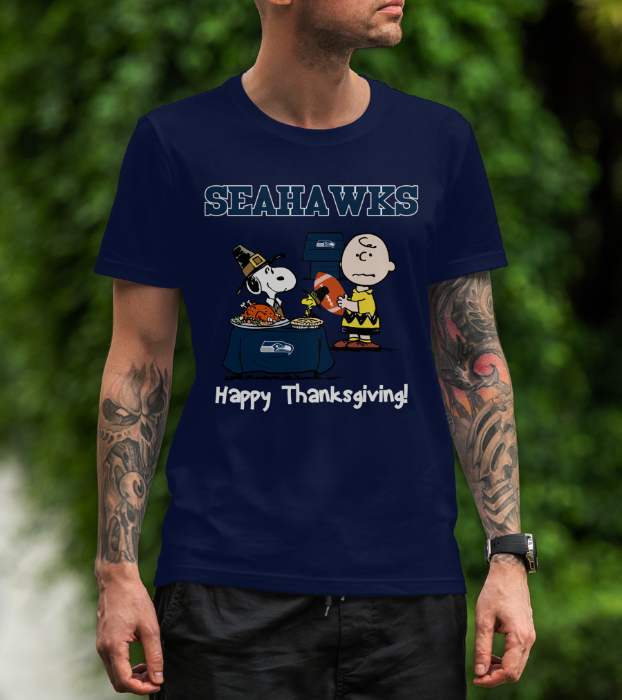 Seattle Seahawks Snoopy Charlie Brown Happy Thanksgiving T-Shirt
