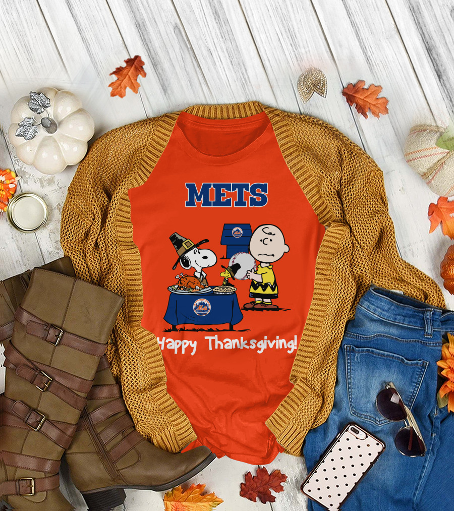Mets Snoopy Charlie Brown Happy Thanksgiving Baseball Feast T-Shirt