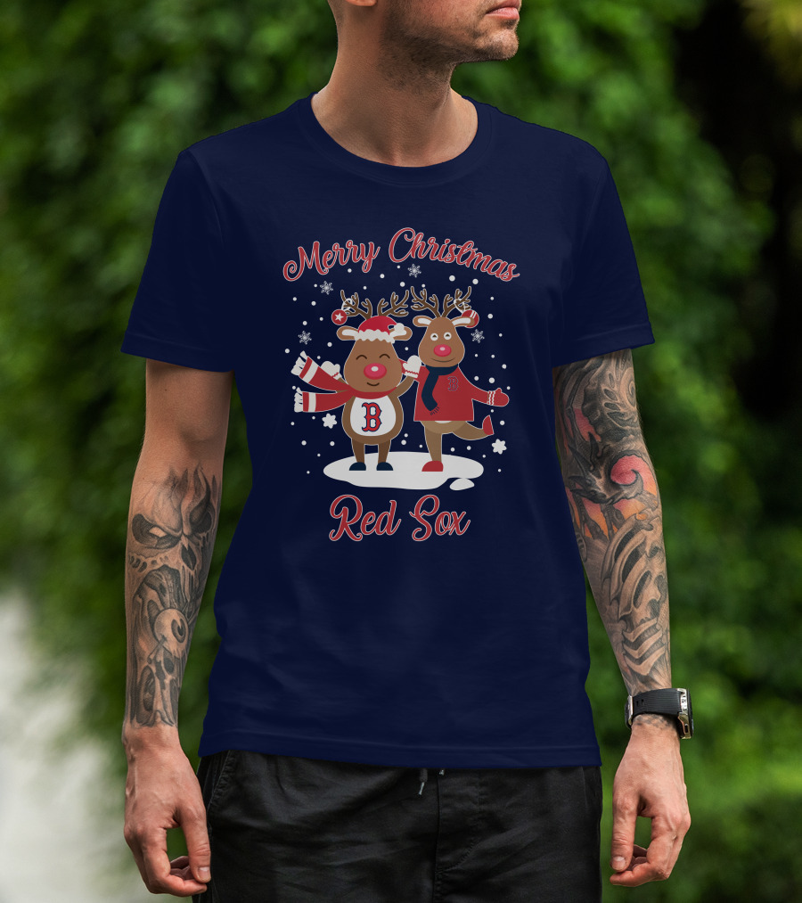 Merry Christmas Red Sox Reindeer With Snowflakes And Baseball Gear T-Shirt