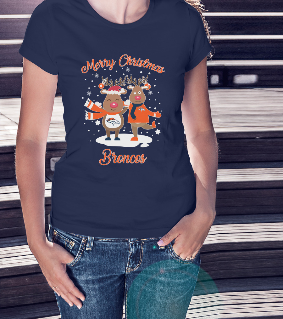 Merry Christmas Broncos Reindeer Snowflakes T-Shirt
