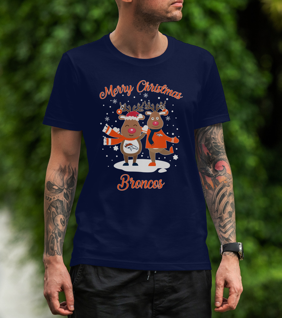 Merry Christmas Broncos Reindeer Snowflakes T-Shirt