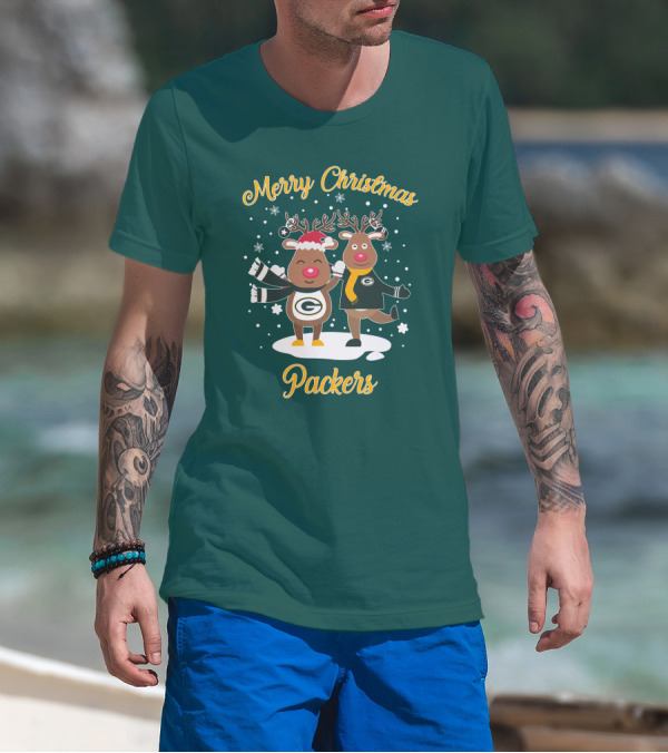 Merry Christmas Packers Reindeer With Green Bay Logo Winter Scene T-Shirt