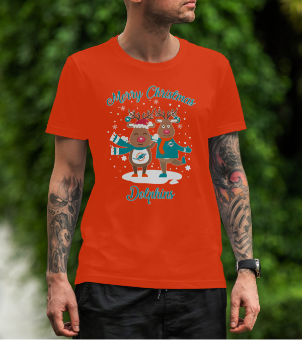Merry Christmas Dolphins Reindeer Snowflakes T-Shirt