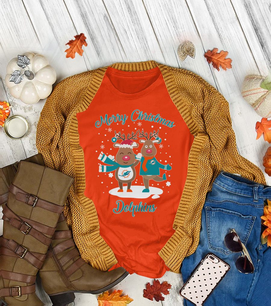 Merry Christmas Dolphins Reindeer Snowflakes T-Shirt