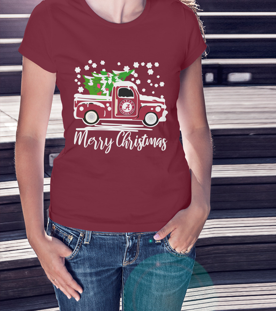 Merry Christmas Alabama Crimson Tide Vintage Truck Snowy Tree T-Shirt