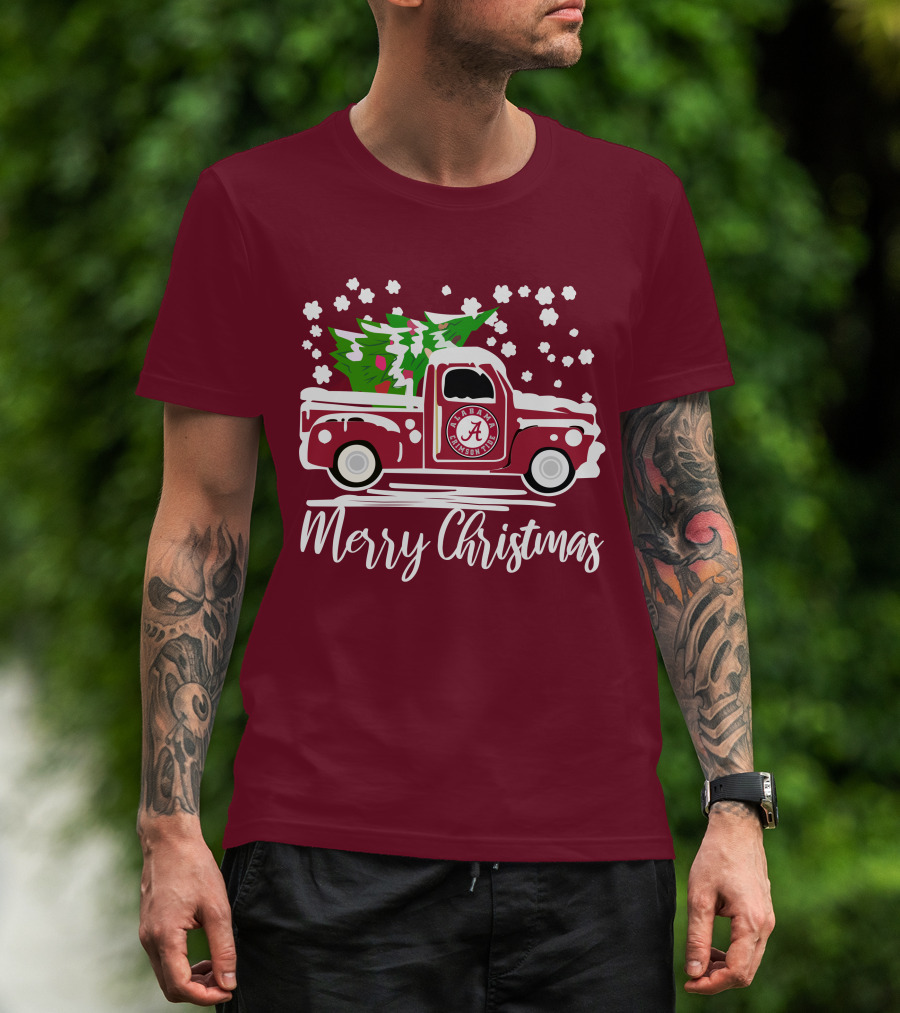 Merry Christmas Alabama Crimson Tide Vintage Truck Snowy Tree T-Shirt