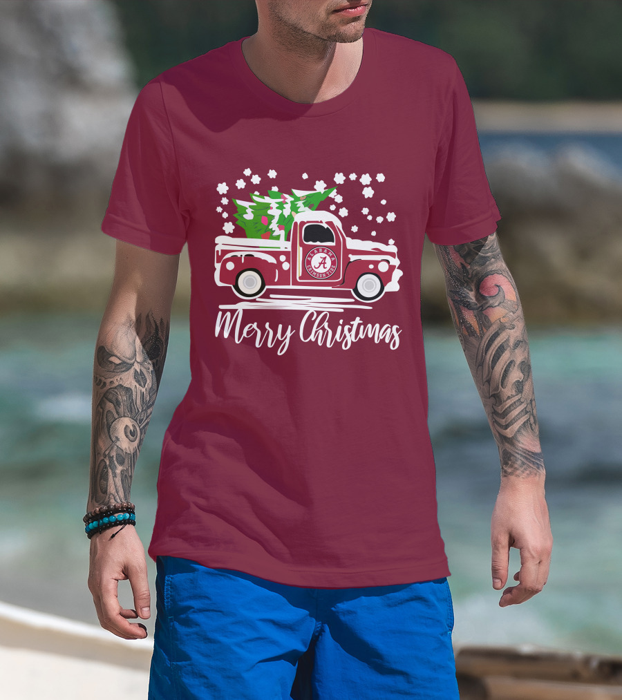 Merry Christmas Alabama Crimson Tide Vintage Truck Snowy Tree T-Shirt