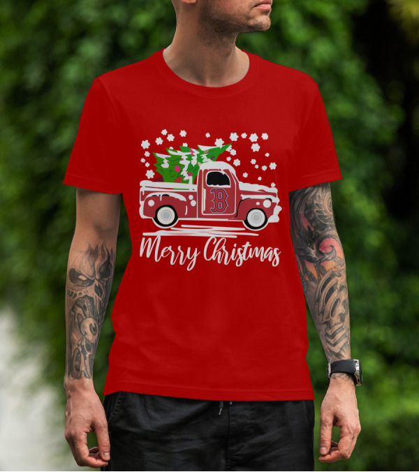 Boston Red Sox B Vintage Car Merry Christmas Tree Snowflakes T-Shirt
