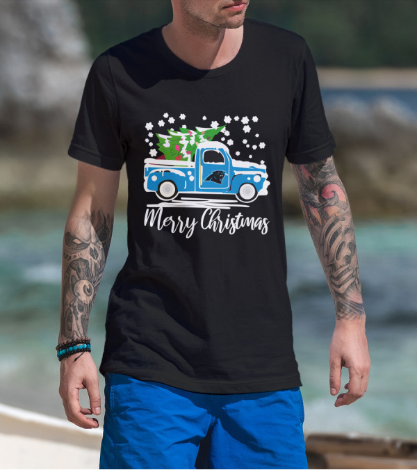 Carolina Panthers Vintage Truck Merry Christmas Snowflakes Tree T-Shirt