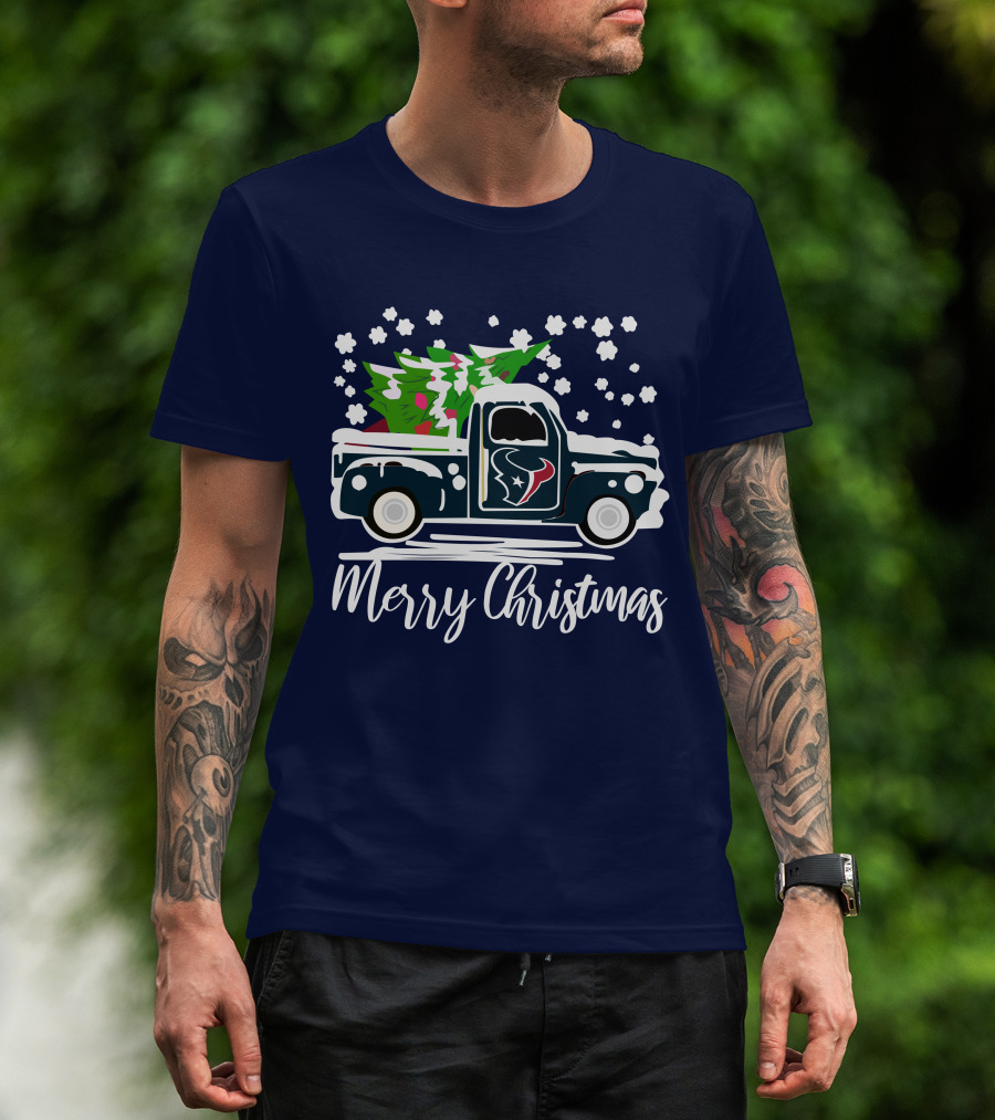 Houston Texans Merry Christmas Vintage Car With Christmas Tree T-Shirt