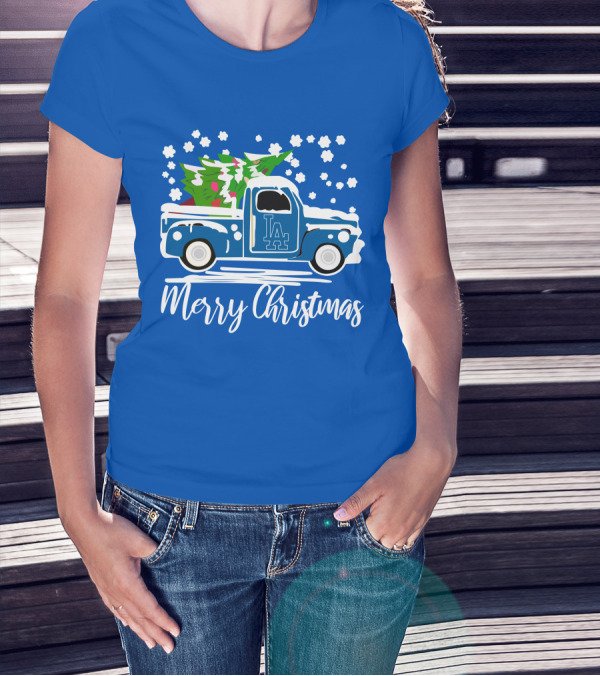 Los Angeles Dodgers LA Vintage Car Merry Christmas Snowflakes Tree T-Shirt