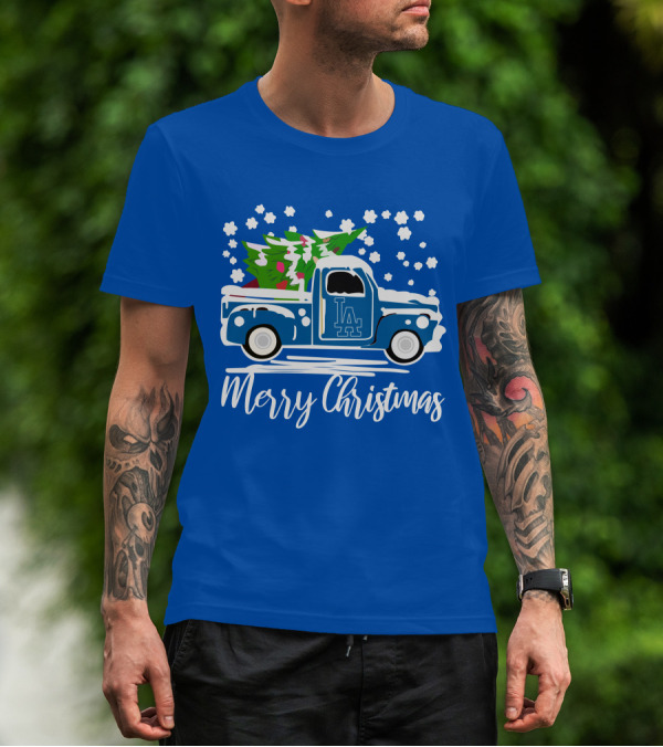Los Angeles Dodgers LA Vintage Car Merry Christmas Snowflakes Tree T-Shirt