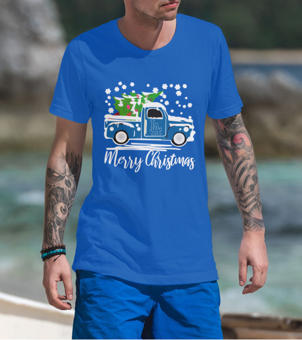 Los Angeles Dodgers LA Vintage Car Merry Christmas Snowflakes Tree T-Shirt