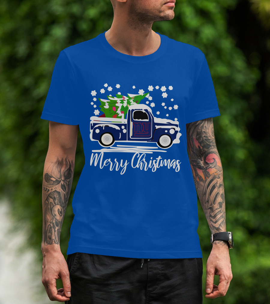 Merry Christmas New York Giants Vintage Car Snowflakes Holiday T-Shirt