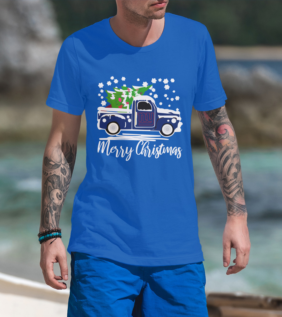 Merry Christmas New York Giants Vintage Car Snowflakes Holiday T-Shirt
