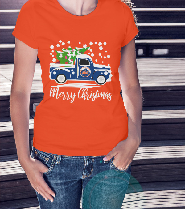 New York Mets Vintage Truck Merry Christmas Snowflakes T-Shirt