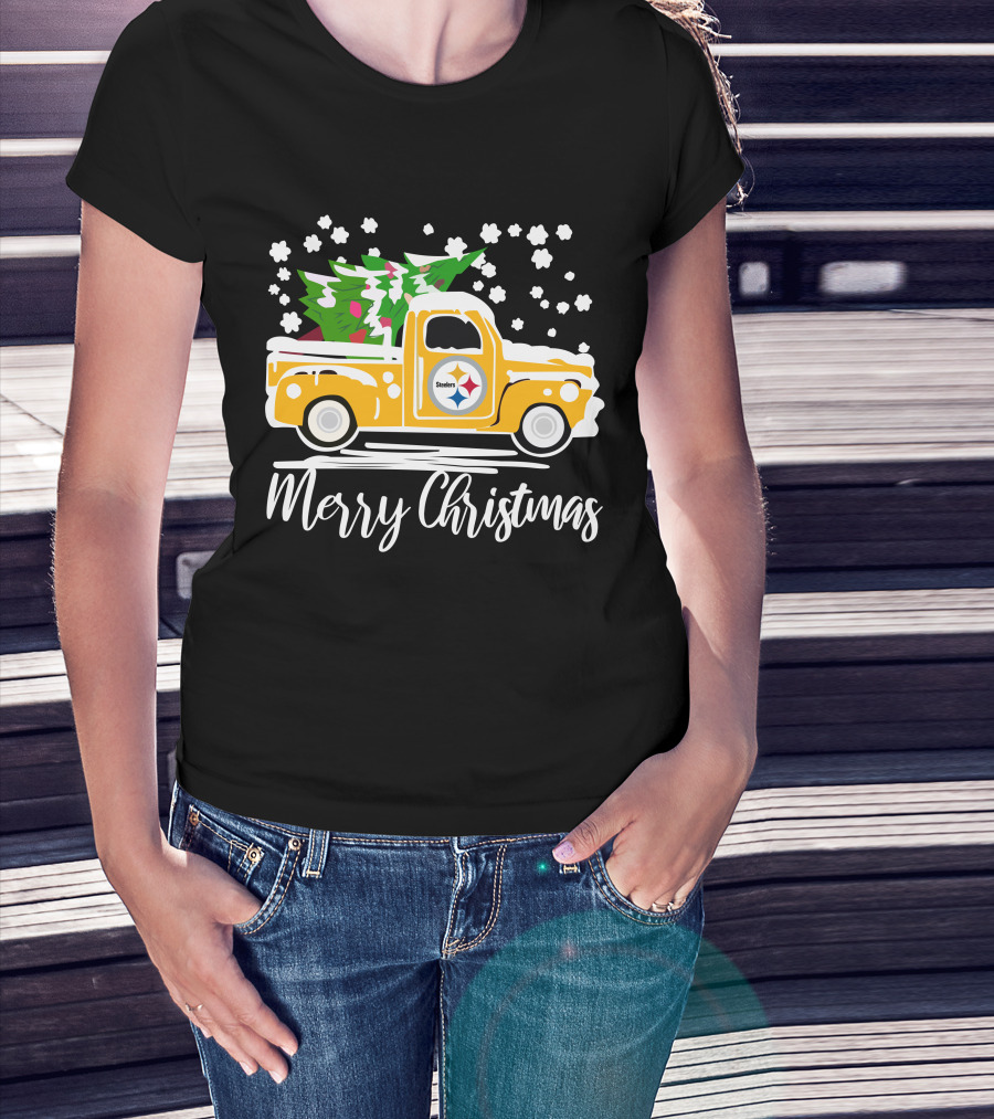 Pittsburgh Steelers Merry Christmas Vintage Car With Christmas Tree T-Shirt