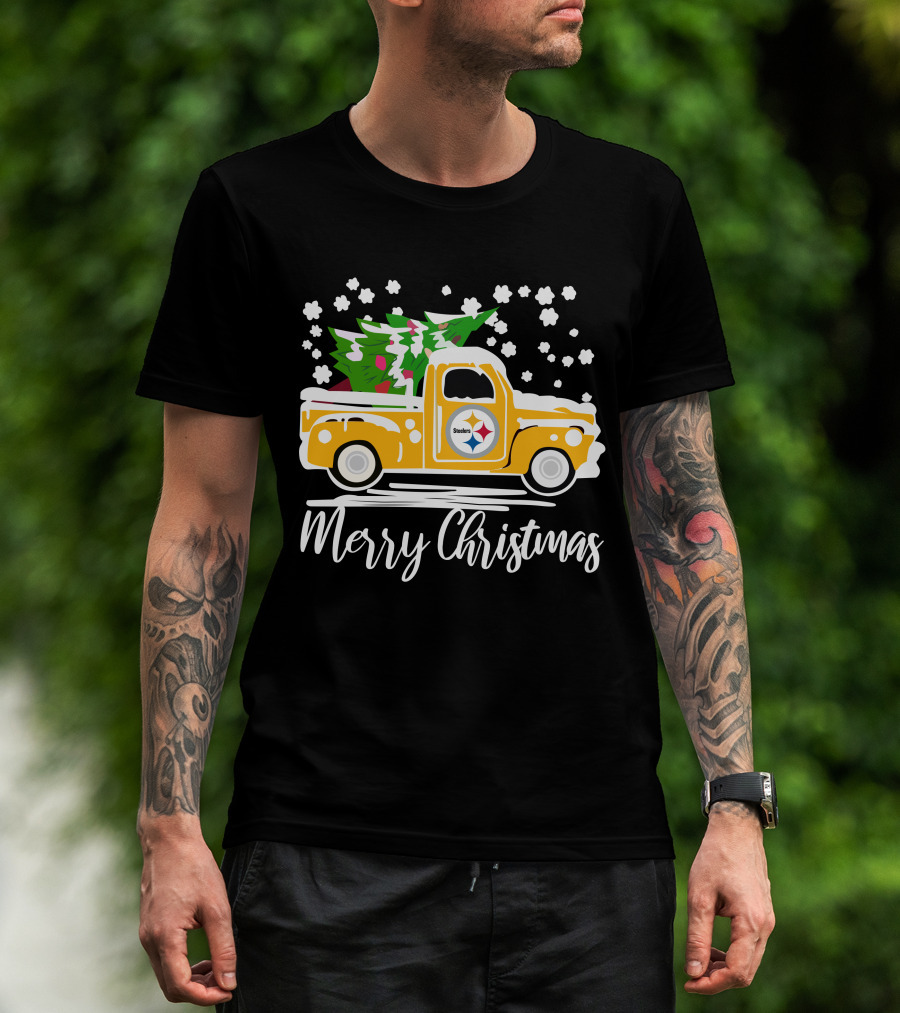Pittsburgh Steelers Merry Christmas Vintage Car With Christmas Tree T-Shirt
