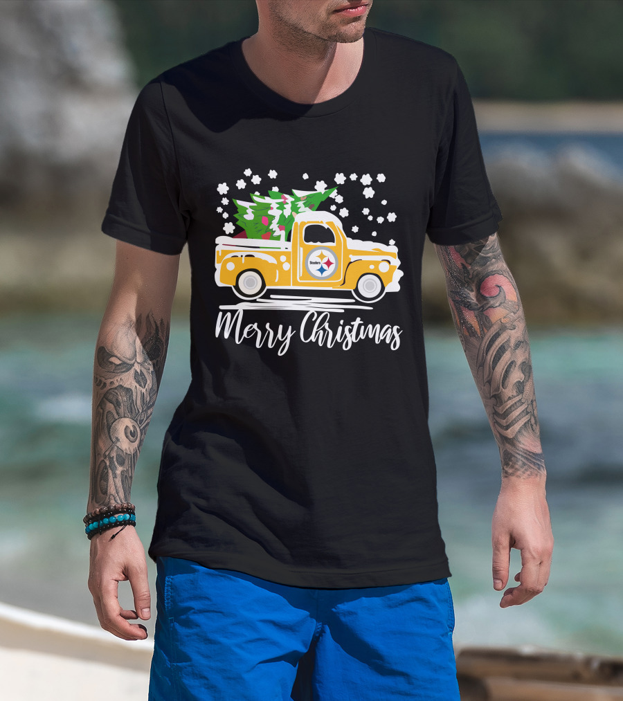Pittsburgh Steelers Merry Christmas Vintage Car With Christmas Tree T-Shirt
