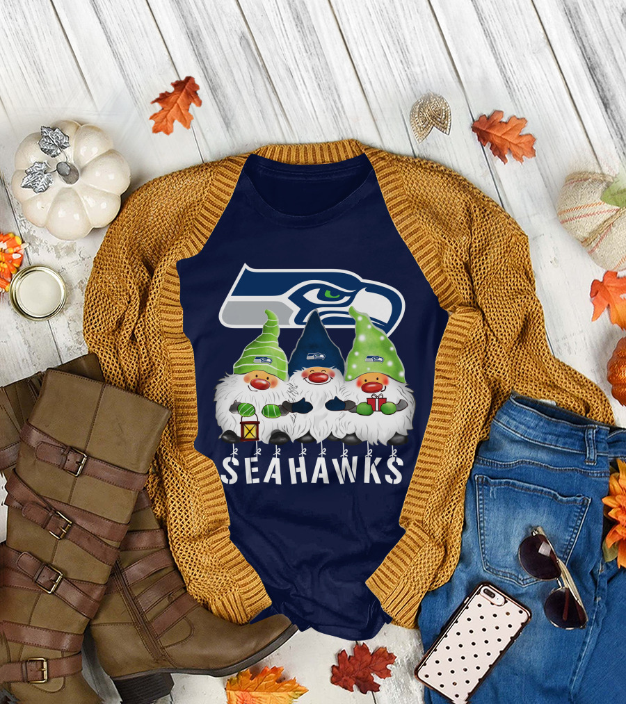 Seattle Seahawks Merry Christmas Happy Holidays Gnomes T-Shirt