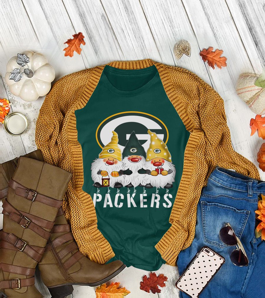 Green Bay Packers Gnomes Merry Christmas Happy Holidays T-Shirt