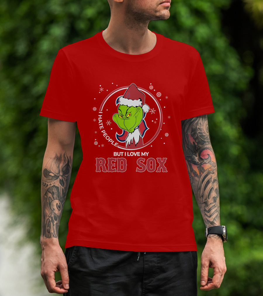 Christmas Grinch Santa I Hate People But I Love My Red Sox T-Shirt