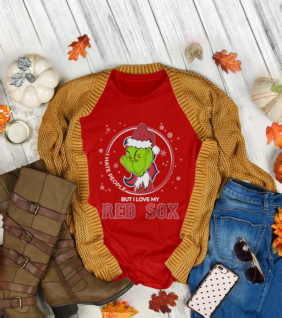 Christmas Grinch Santa I Hate People But I Love My Red Sox T-Shirt