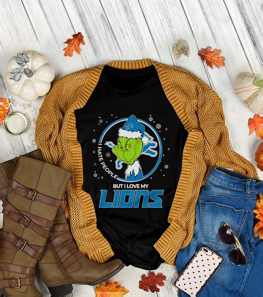 I Hate People But I Love My Detroit Lions Grinch Santa Christmas T-Shirt