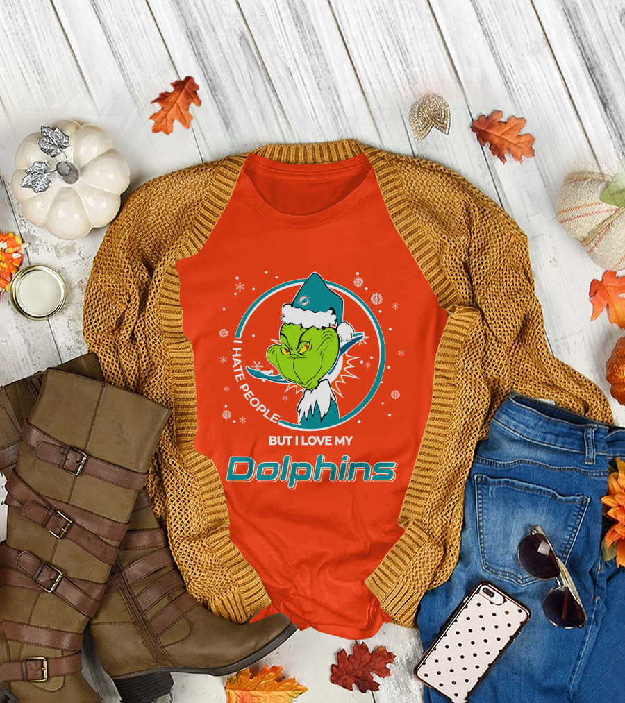 Christmas Grinch Santa I Hate People But I Love My Dolphins Miami Dolphins T-Shirt