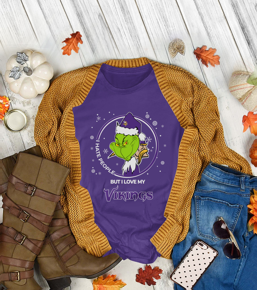 Christmas Grinch Santa I Hate People But I Love My Vikings T-Shirt