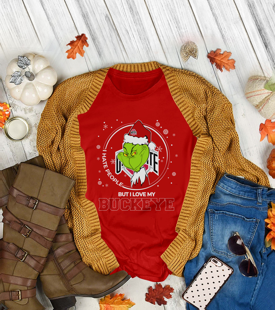 Christmas Grinch Santa I Hate People But I Love My Buckeye Ohio State T-Shirt